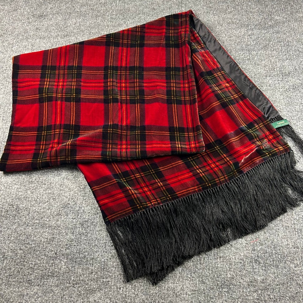 Lauren Ralph Lauren Red Tartan Plaid Velvet Silk Blend Fringe Scarf Wrap - Picture 4 of 7
